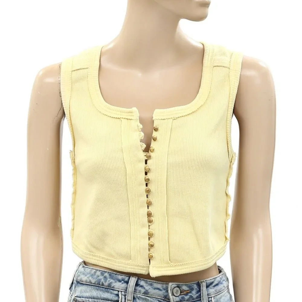 Free People Mabel Tank Buttondown Cropped Blouse Top Ribbed Solid Beach L - Picture 3 of 5